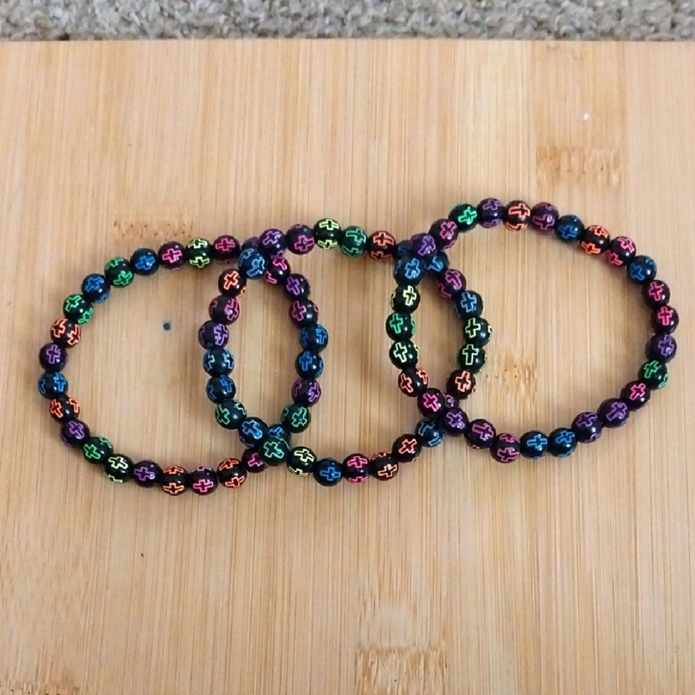 Set Of 3 Black Cross Beaded Stretch Bracelts.